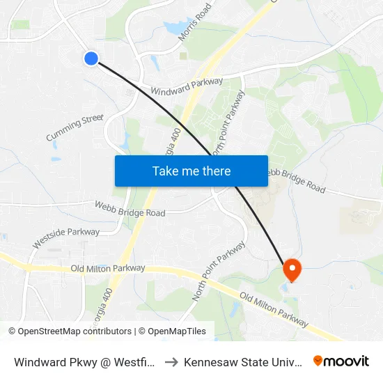 Windward Pkwy @ Westfield Dr to Kennesaw State University map