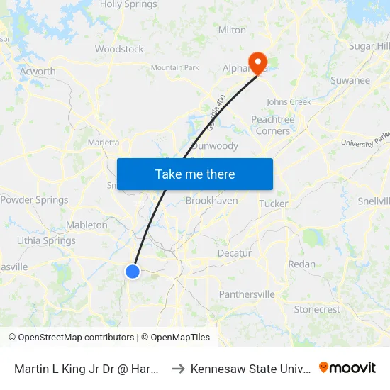 Martin L King Jr Dr @ Harwell Rd to Kennesaw State University map