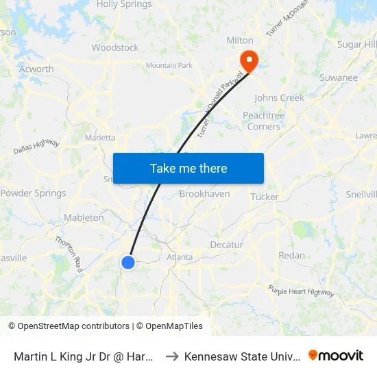 Martin L King Jr Dr @ Harwell Rd to Kennesaw State University map