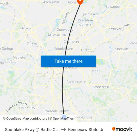 Southlake Pkwy @ Battle Creek Rd to Kennesaw State University map