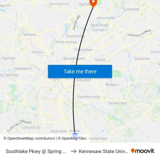 Southlake Pkwy @ Spring Lake Dr to Kennesaw State University map