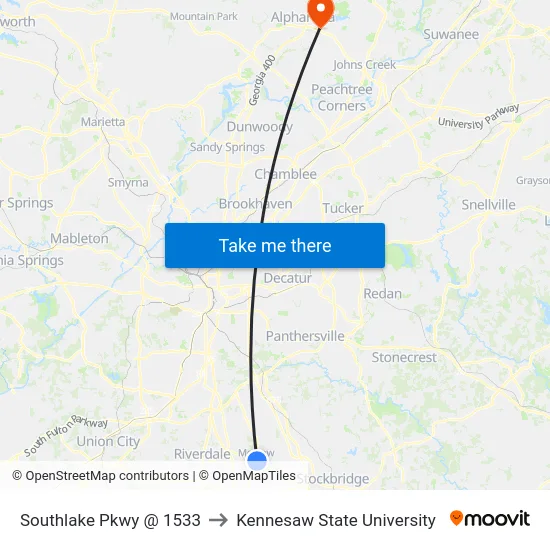 Southlake Pkwy @ 1533 to Kennesaw State University map