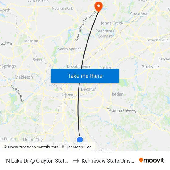 N Lake Dr @ Clayton State Blvd to Kennesaw State University map
