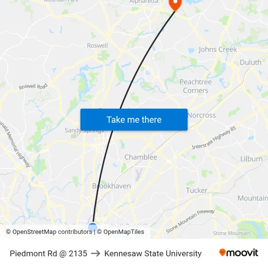 Piedmont Rd @ 2135 to Kennesaw State University map