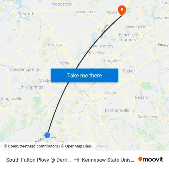 South Fulton Pkwy @ Derrick Rd to Kennesaw State University map