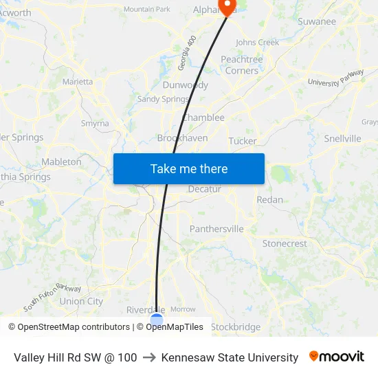 Valley Hill Rd SW @ 100 to Kennesaw State University map