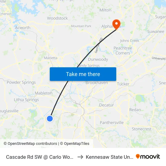 Cascade Rd SW @ Carlo Woods Dr SW to Kennesaw State University map
