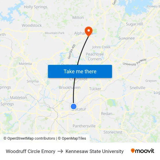 Woodruff Circle Emory to Kennesaw State University map