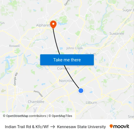 Indian Trail Rd & Kfc/Wf to Kennesaw State University map