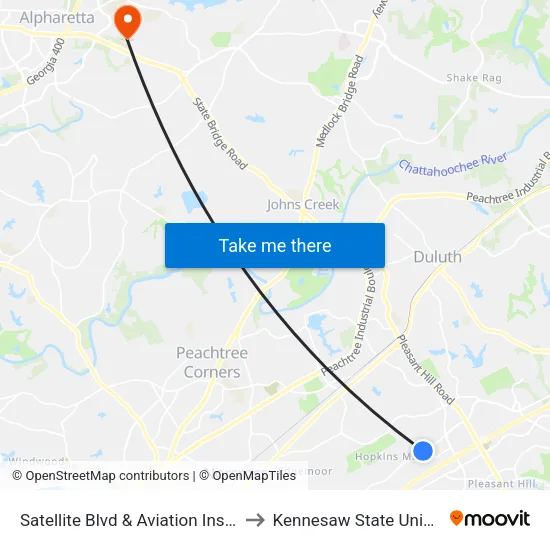 Satellite Blvd & Aviation Insitute Ib to Kennesaw State University map