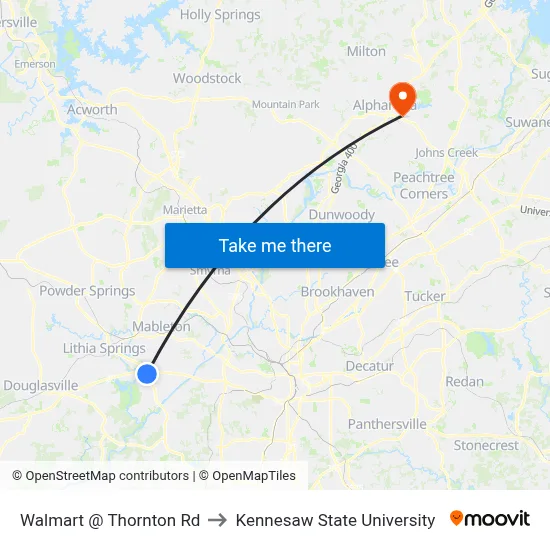 Walmart @ Thornton Rd to Kennesaw State University map