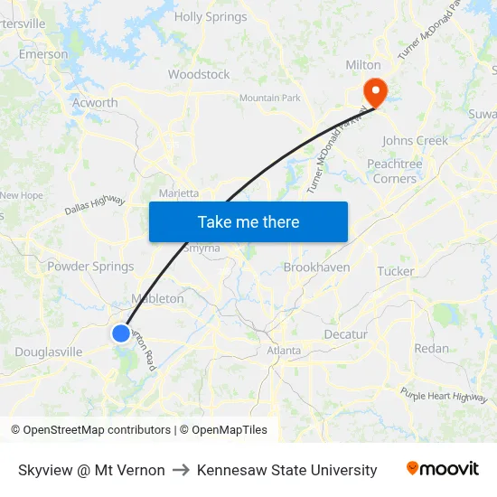 Skyview @ Mt Vernon to Kennesaw State University map