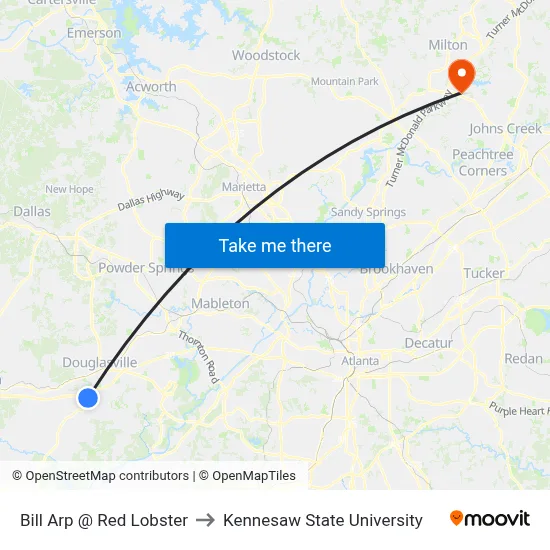 Bill Arp @ Red Lobster to Kennesaw State University map