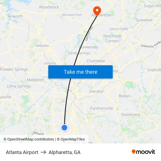 Atlanta Airport to Alpharetta, GA map