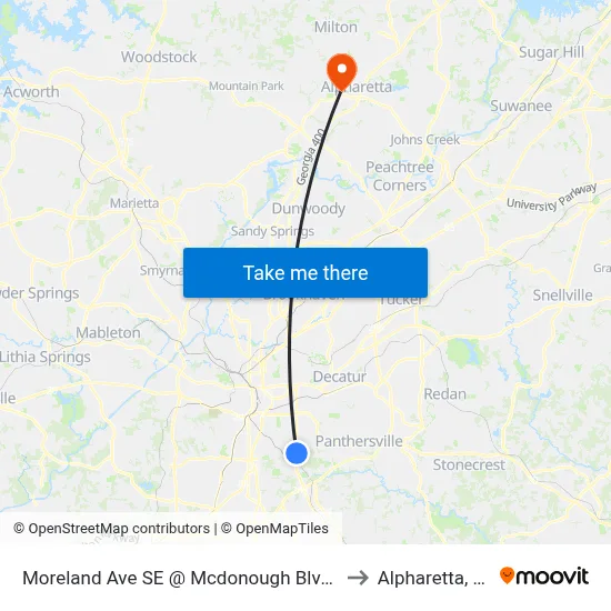 Moreland Ave SE @ Mcdonough Blvd SE to Alpharetta, GA map