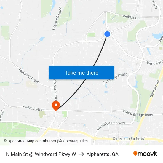 N Main St @ Windward Pkwy W to Alpharetta, GA map