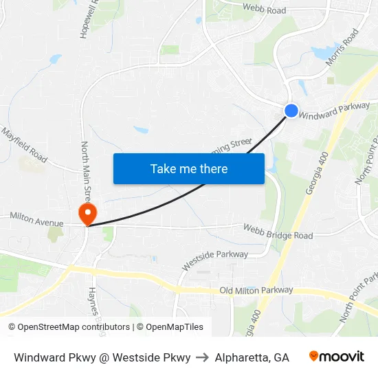 Windward Pkwy @ Westside Pkwy to Alpharetta, GA map