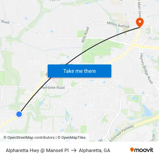 Alpharetta Hwy @ Mansell Pl to Alpharetta, GA map