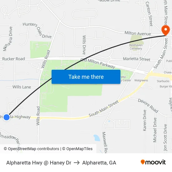 Alpharetta Hwy @ Haney Dr to Alpharetta, GA map