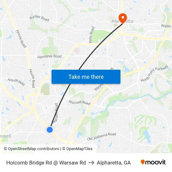 Holcomb Bridge Rd @ Warsaw Rd to Alpharetta, GA map