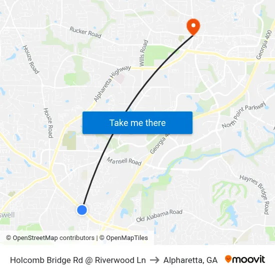 Holcomb Bridge Rd @ Riverwood Ln to Alpharetta, GA map