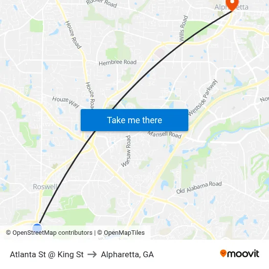 Atlanta St @ King St to Alpharetta, GA map