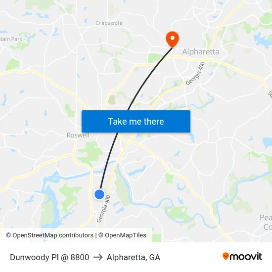 Dunwoody Pl @ 8800 to Alpharetta, GA map