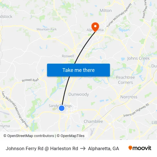 Johnson Ferry Rd @ Harleston Rd to Alpharetta, GA map