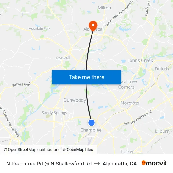N Peachtree Rd @ N Shallowford Rd to Alpharetta, GA map