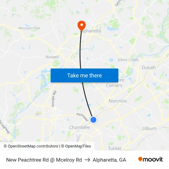 New Peachtree Rd @ Mcelroy Rd to Alpharetta, GA map