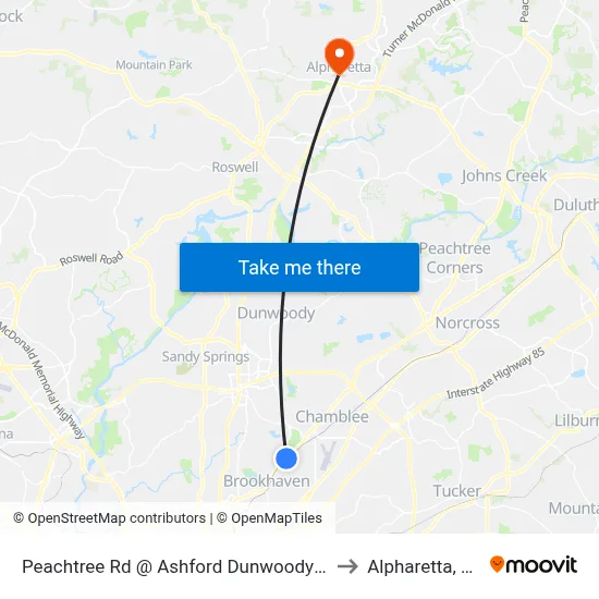 Peachtree Rd @ Ashford Dunwoody Rd to Alpharetta, GA map
