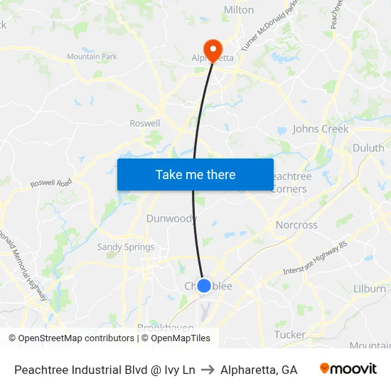 Peachtree Industrial Blvd @ Ivy Ln to Alpharetta, GA map