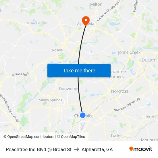 Peachtree Ind Blvd @ Broad St to Alpharetta, GA map