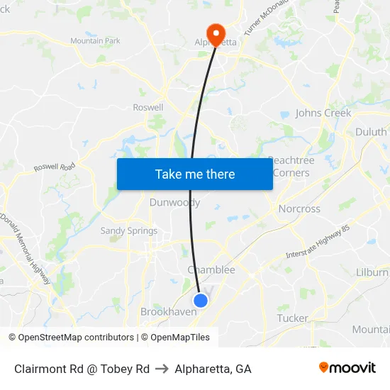 Clairmont Rd @ Tobey Rd to Alpharetta, GA map