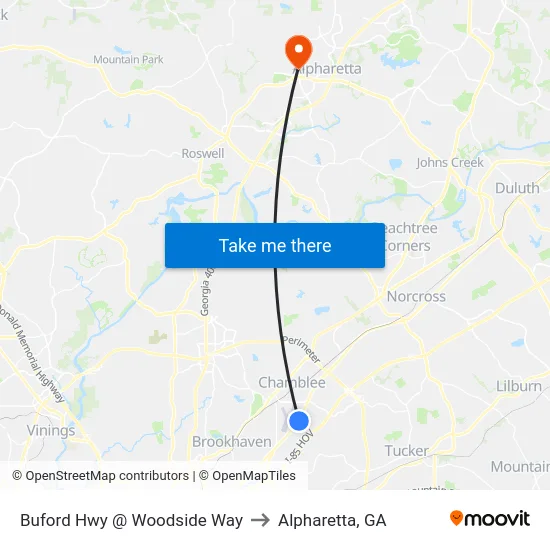 Buford Hwy @ Woodside Way to Alpharetta, GA map