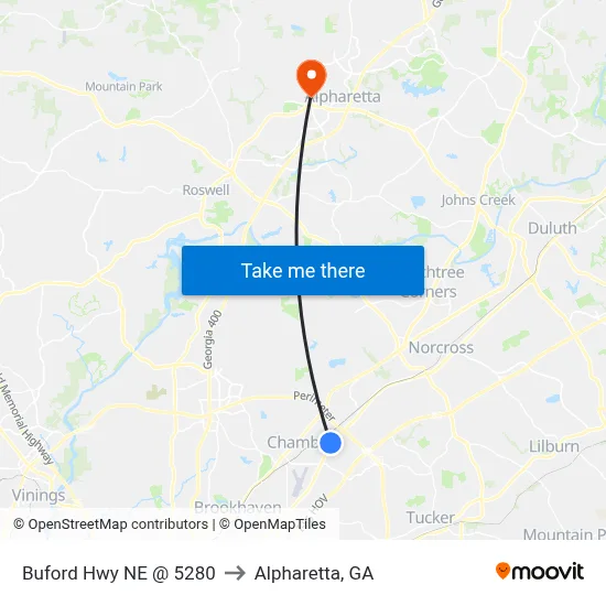 Buford Hwy NE @ 5280 to Alpharetta, GA map