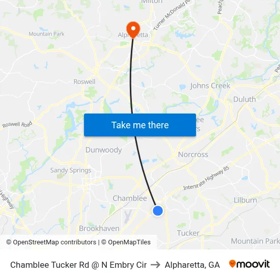 Chamblee Tucker Rd @ N Embry Cir to Alpharetta, GA map