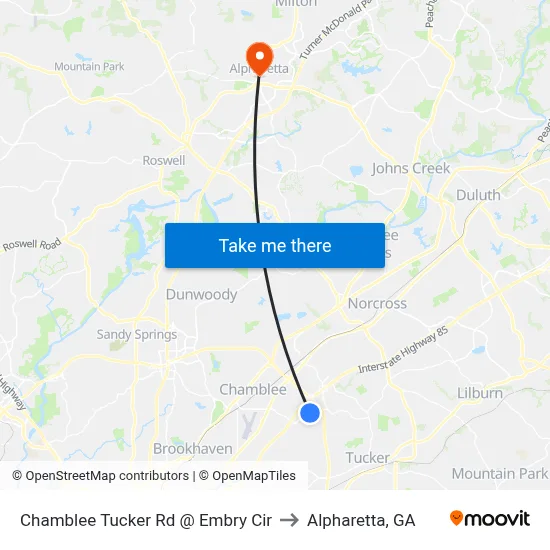Chamblee Tucker Rd @ Embry Cir to Alpharetta, GA map