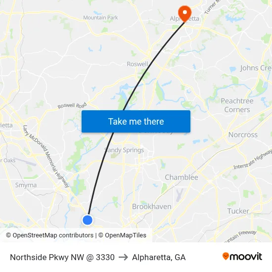 Northside Pkwy NW @ 3330 to Alpharetta, GA map