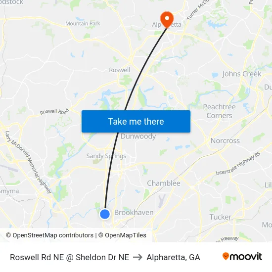 Roswell Rd NE @ Sheldon Dr NE to Alpharetta, GA map
