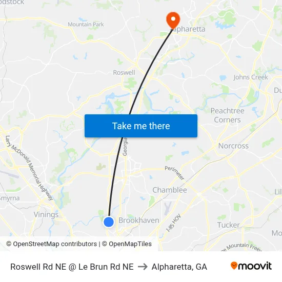 Roswell Rd NE @ Le Brun Rd NE to Alpharetta, GA map
