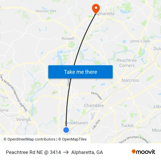 Peachtree Rd NE @ 3414 to Alpharetta, GA map