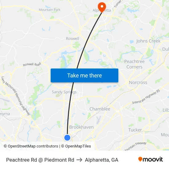 Peachtree Rd @ Piedmont Rd to Alpharetta, GA map