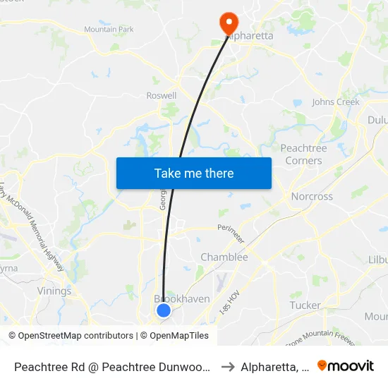 Peachtree Rd @ Peachtree Dunwoody Rd to Alpharetta, GA map