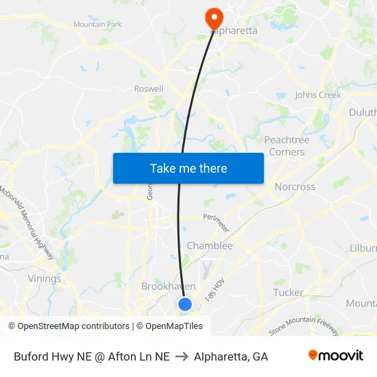 Buford Hwy NE @ Afton Ln NE to Alpharetta, GA map