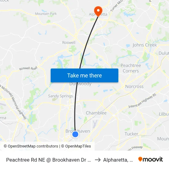 Peachtree Rd NE @ Brookhaven Dr NE to Alpharetta, GA map