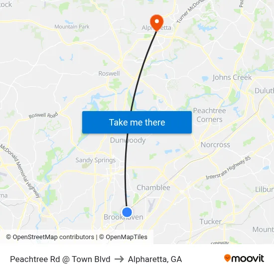 Peachtree Rd @ Town Blvd to Alpharetta, GA map