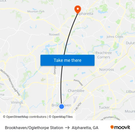 Brookhaven/Oglethorpe Station to Alpharetta, GA map