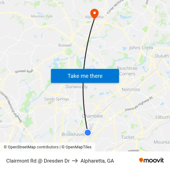 Clairmont Rd @ Dresden Dr to Alpharetta, GA map