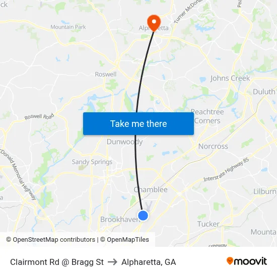 Clairmont Rd @ Bragg St to Alpharetta, GA map